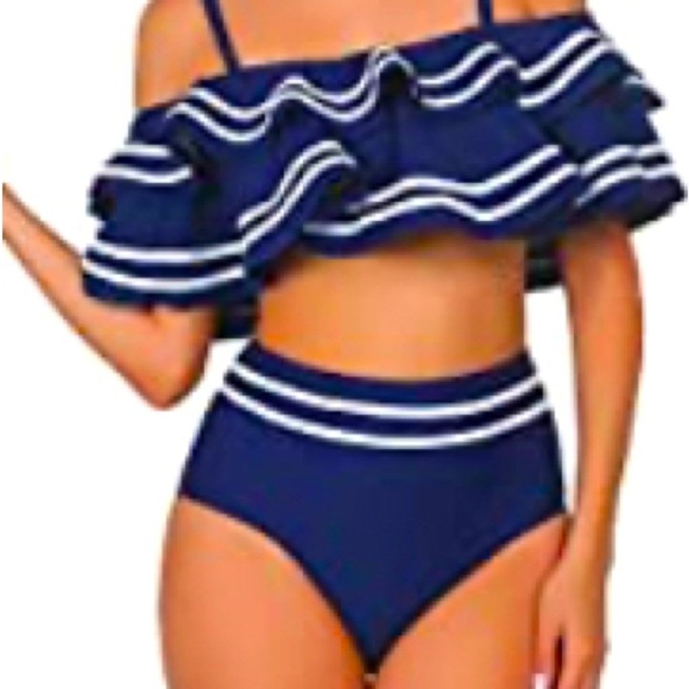 New Women 2 Piece Vintage Navy Ruched Bikini